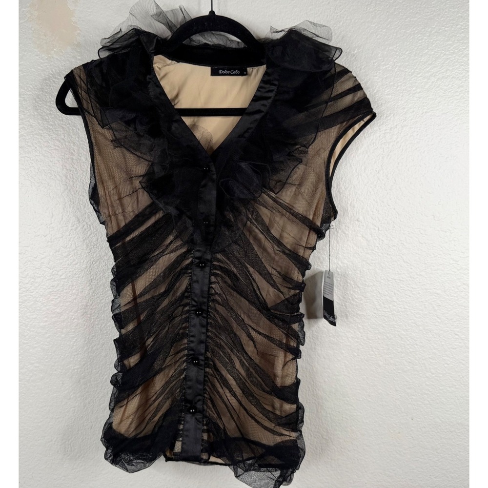 Dolce Cabo Whimigoth Mesh Overlay Dark Coquette Ruffles Regency Top Black Sz S
